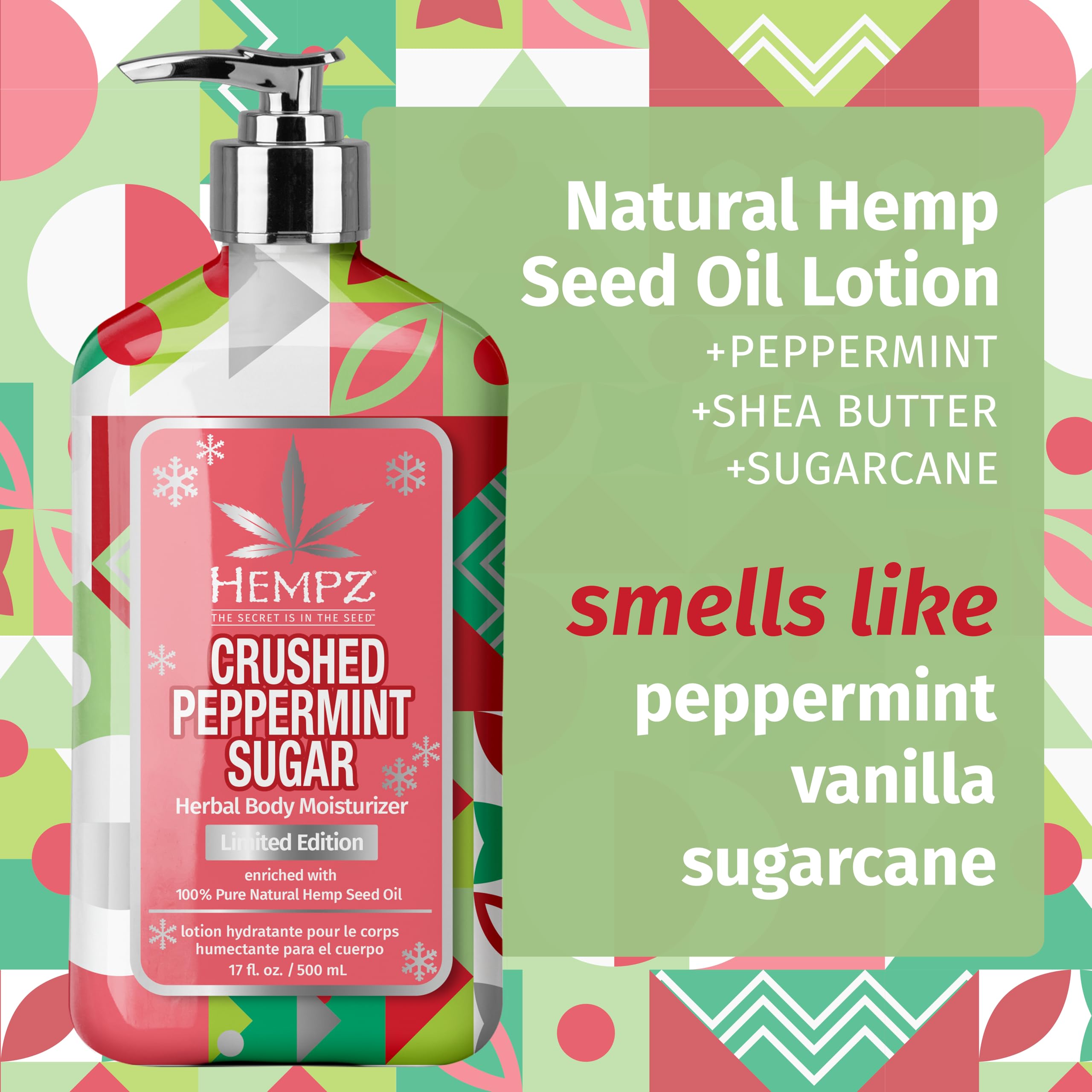 Hempz Crushed Peppermint Sugar Lotion label shows natural ingredients and vegan formula.