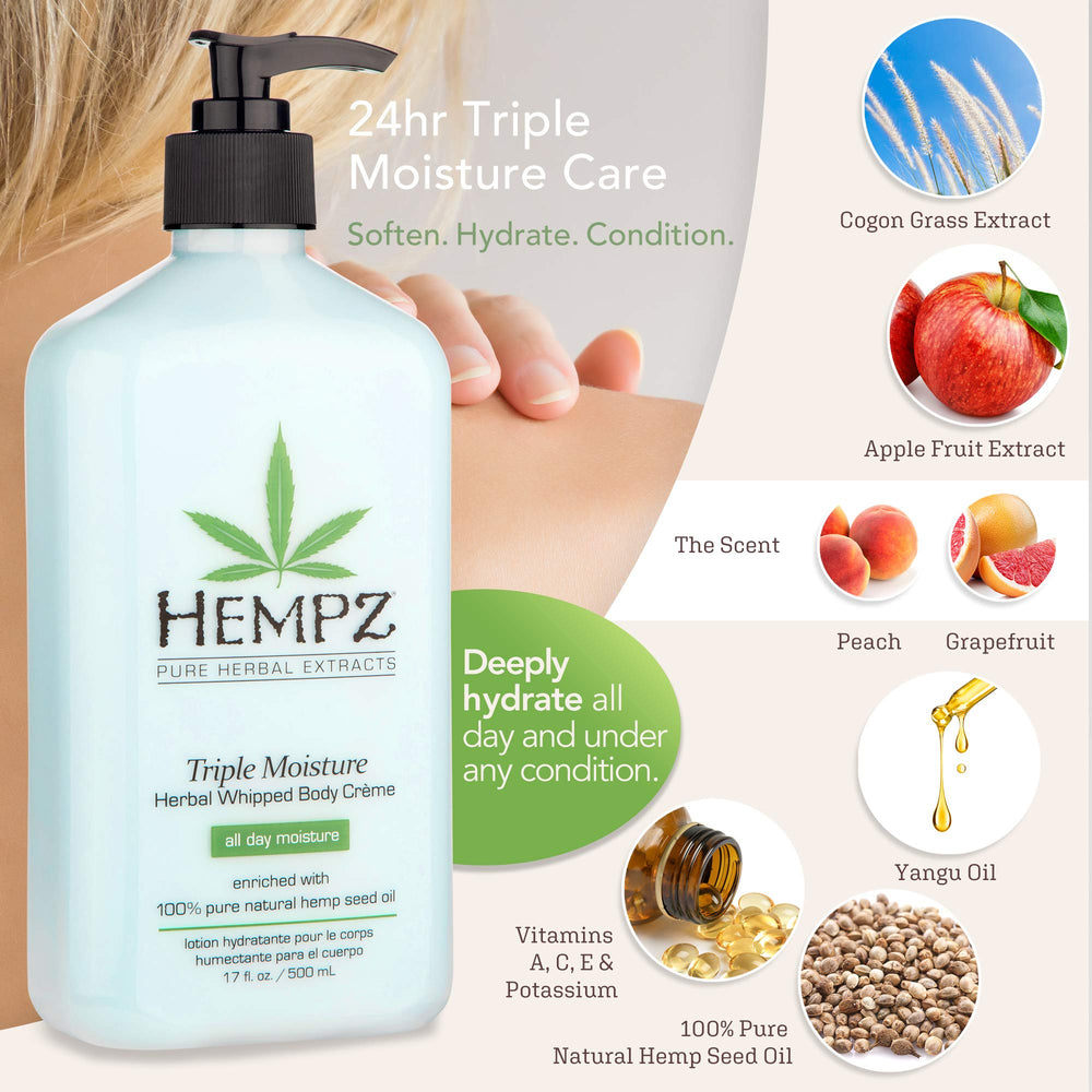 Hempz hemp seed oil-rich formula on display highlighting skin nourishment.