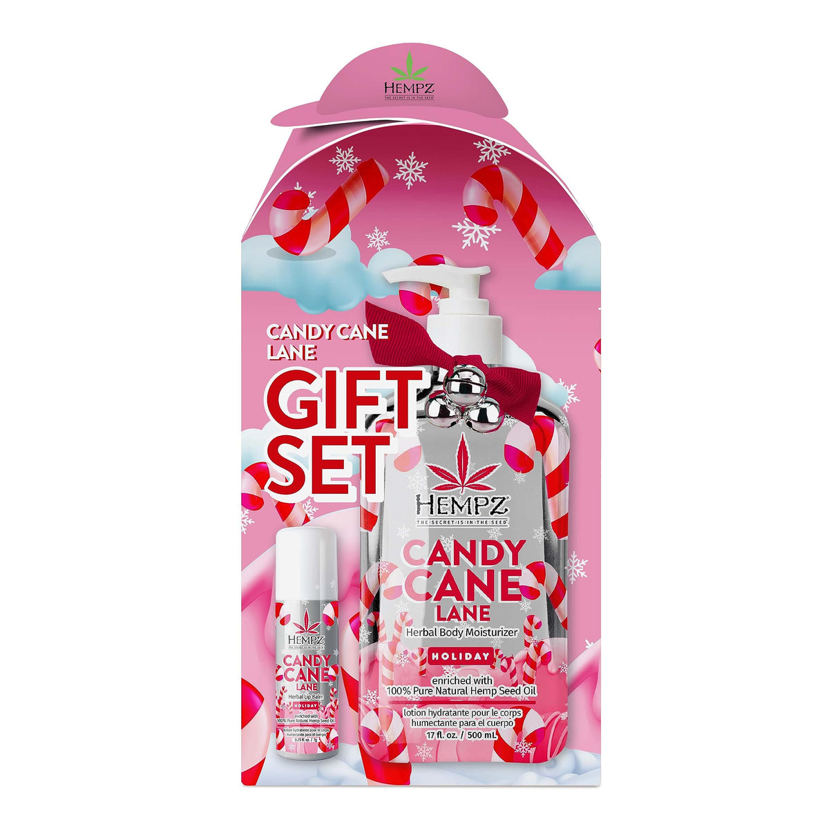Hempz Candy Cane Lane moisturizer bottle delivers festive hydration for dry skin.