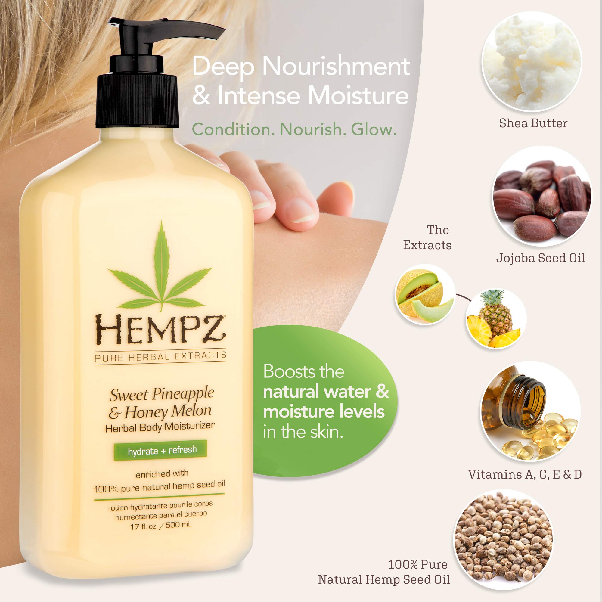 Hempz Sweet Pineapple Honey Melon label close-up highlights vegan formula