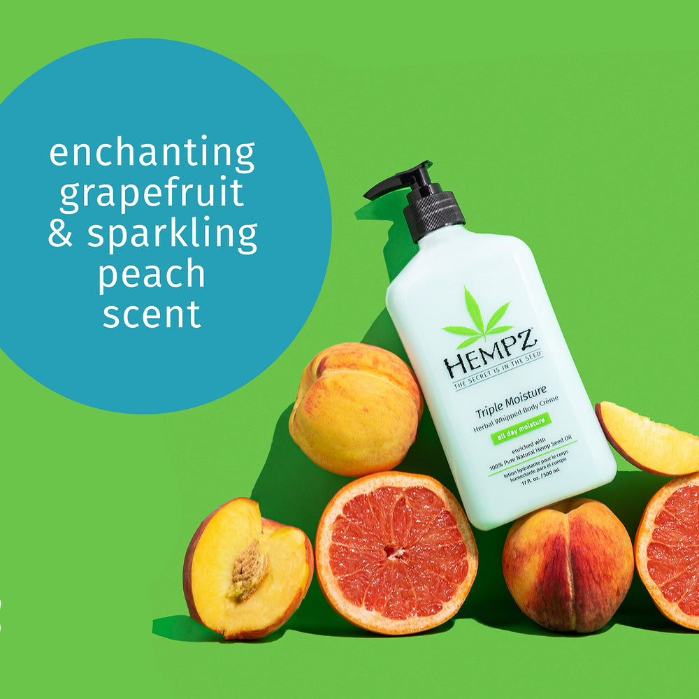 Hempz triple moisture whipped creme with apple fruit extract nourishes and refreshes dry skin.