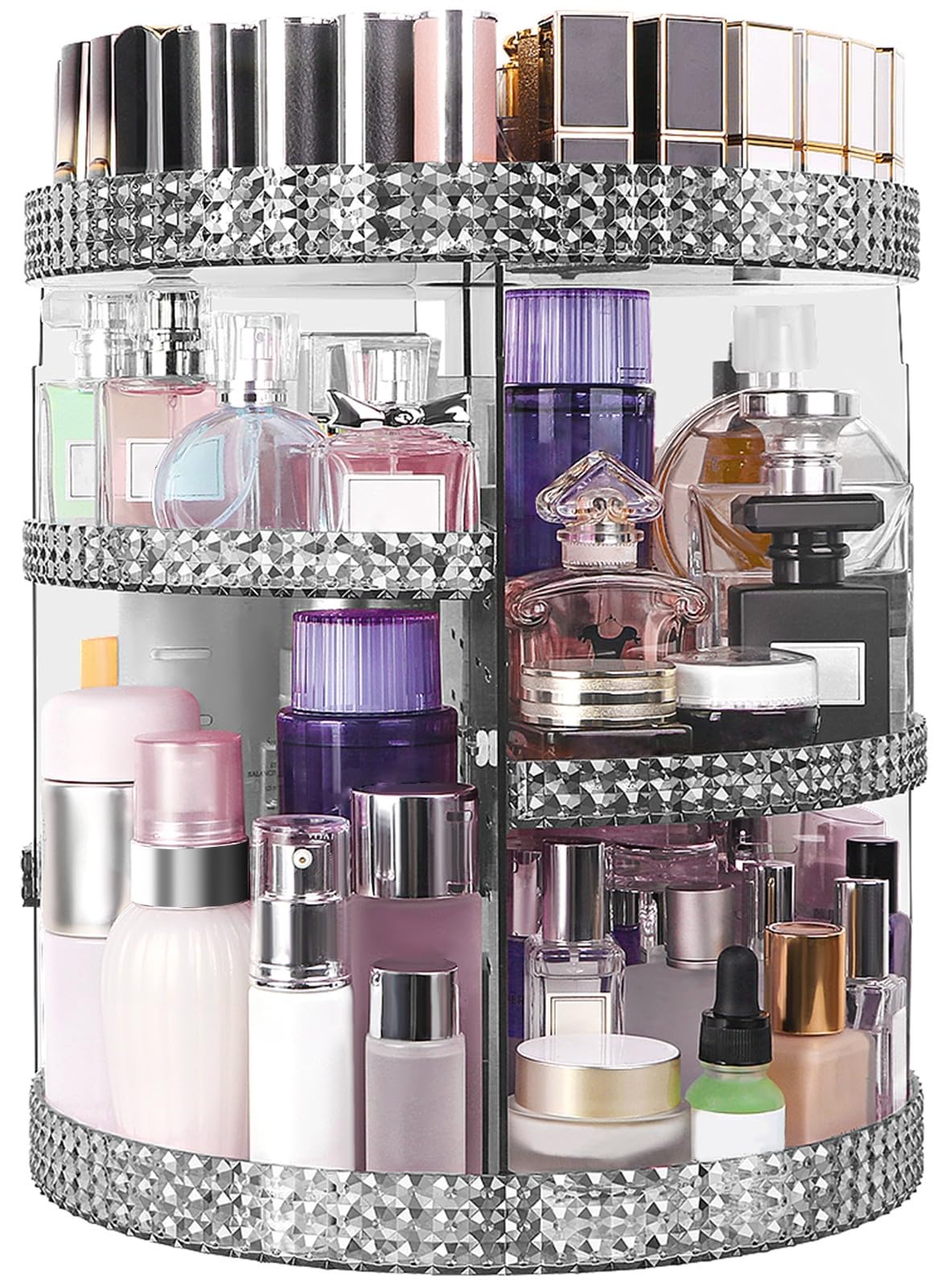 HEMTROY 360-degree rotating makeup organizer offers easy access to cosmetics on a compact gray base