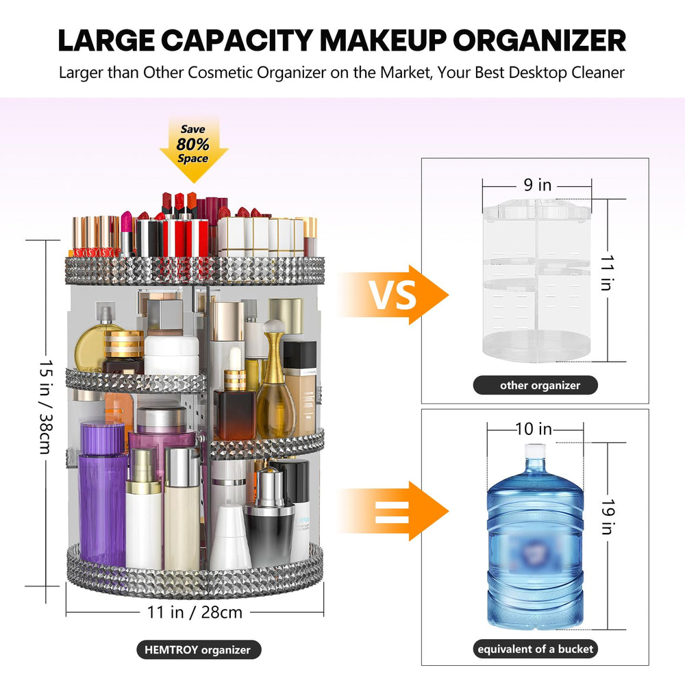 HEMTROY extra-large cosmetic storage keeps 80+ items neatly organized on a gray acrylic rack