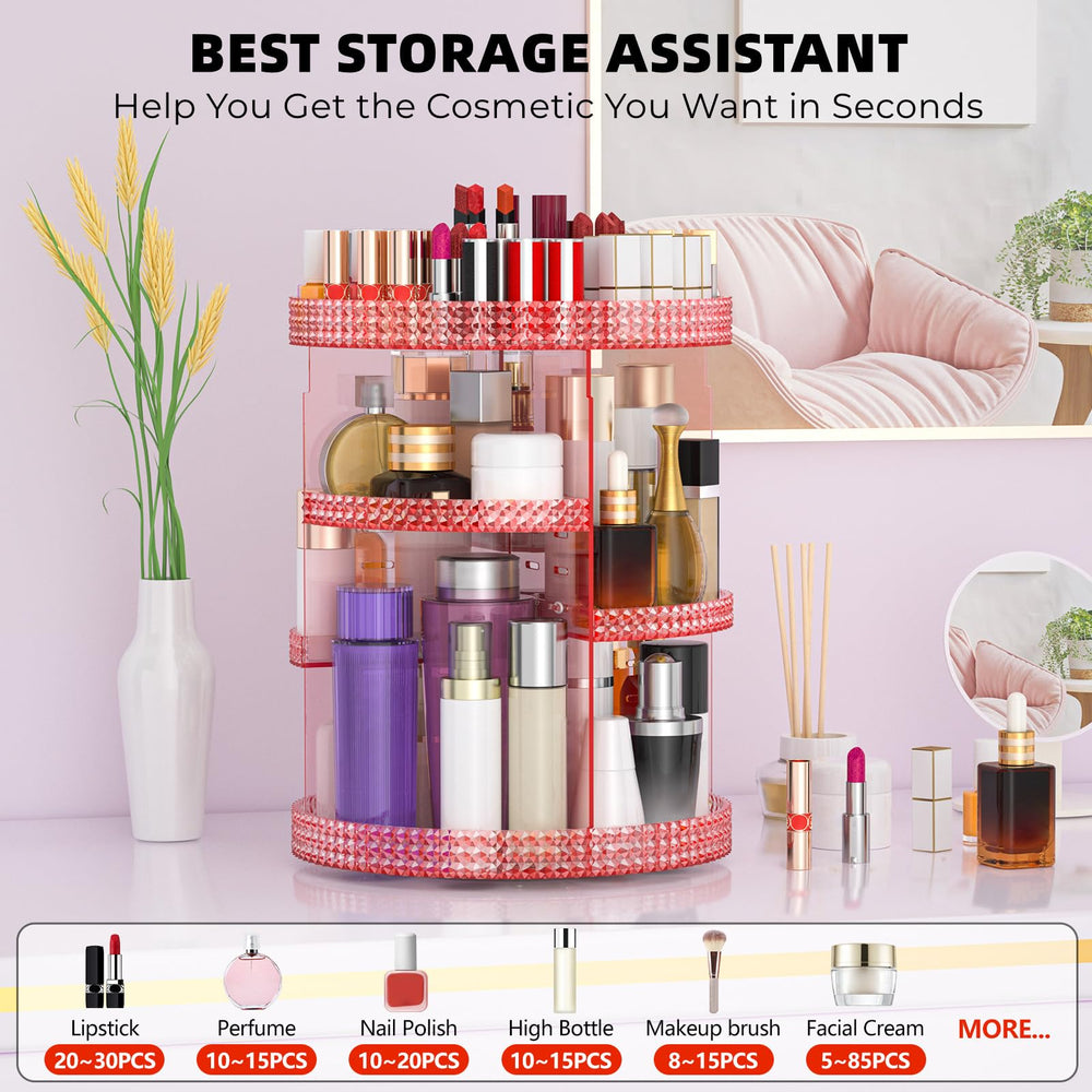 HEMTROY pink cosmetics organizer sits neatly on a countertop to maximize space.