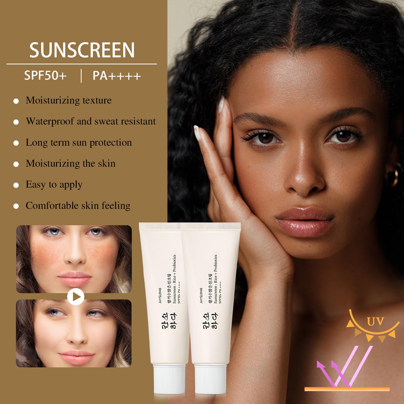 HENGRUNXIN Relief Sun SPF50 bottle emphasizes green tea extract antioxidants.