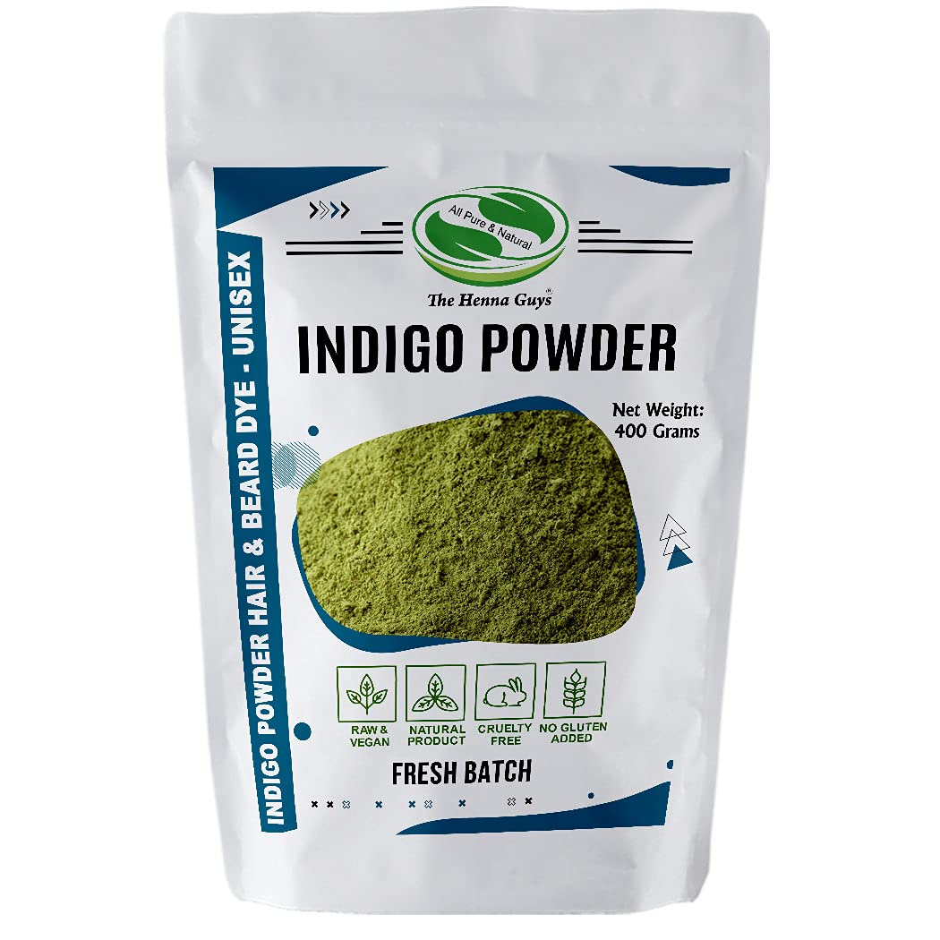 The Henna Guys Indigo powder packaging shows plant-based natural color.