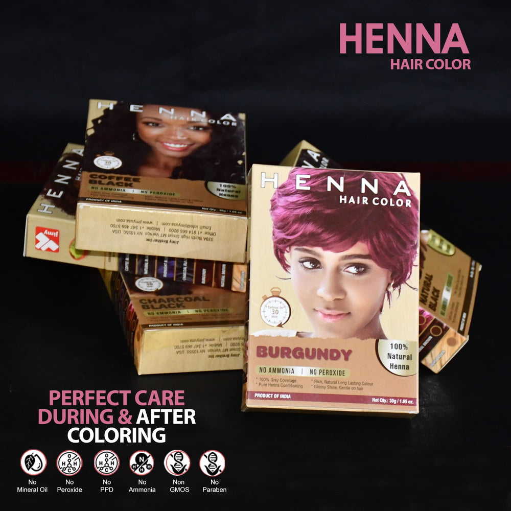 HENNA HAIR COLOR Burgundy box contents include dye, brush, gloves, and guide.