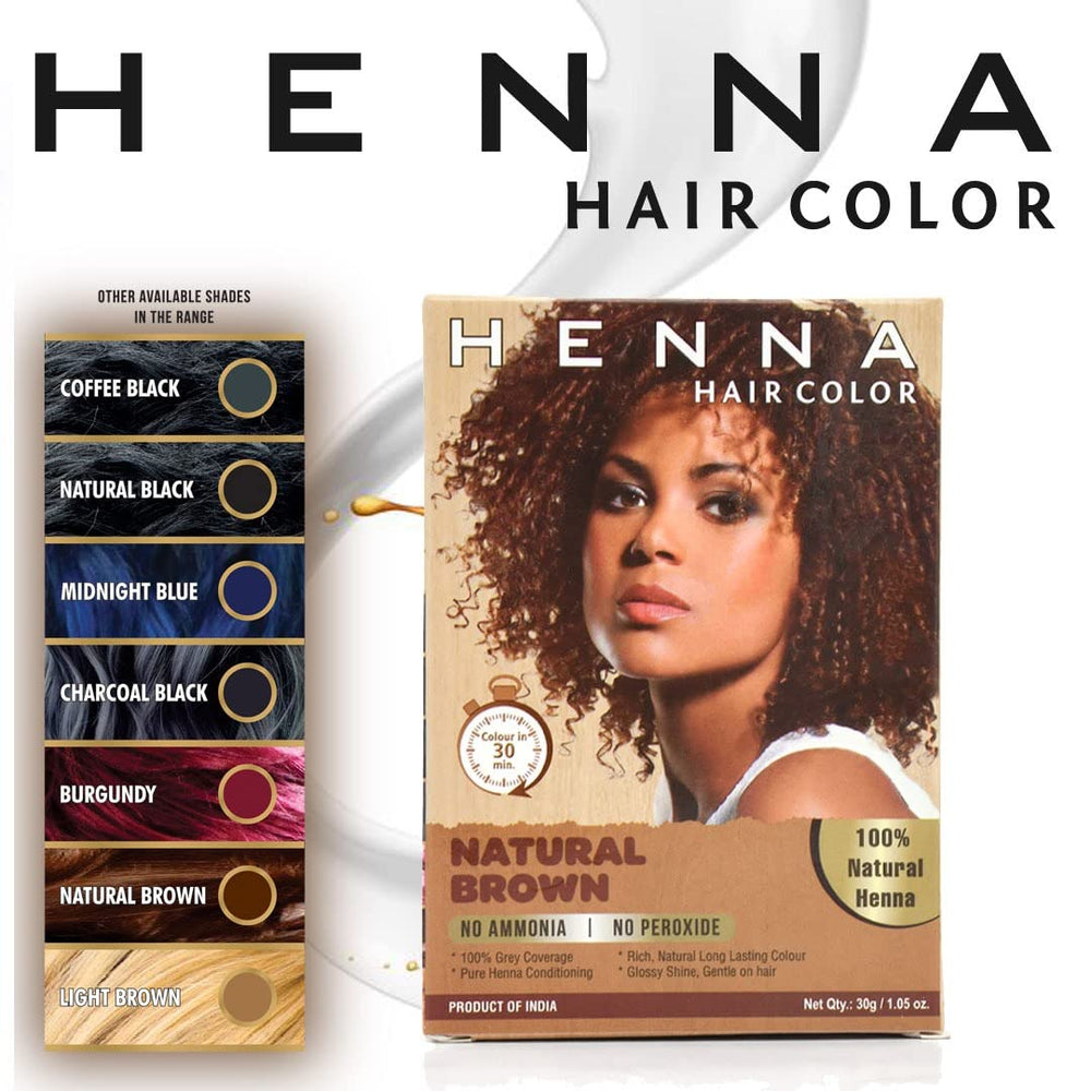 Henna Hair Color Natural Brown packaging includes dye, brush, gloves.