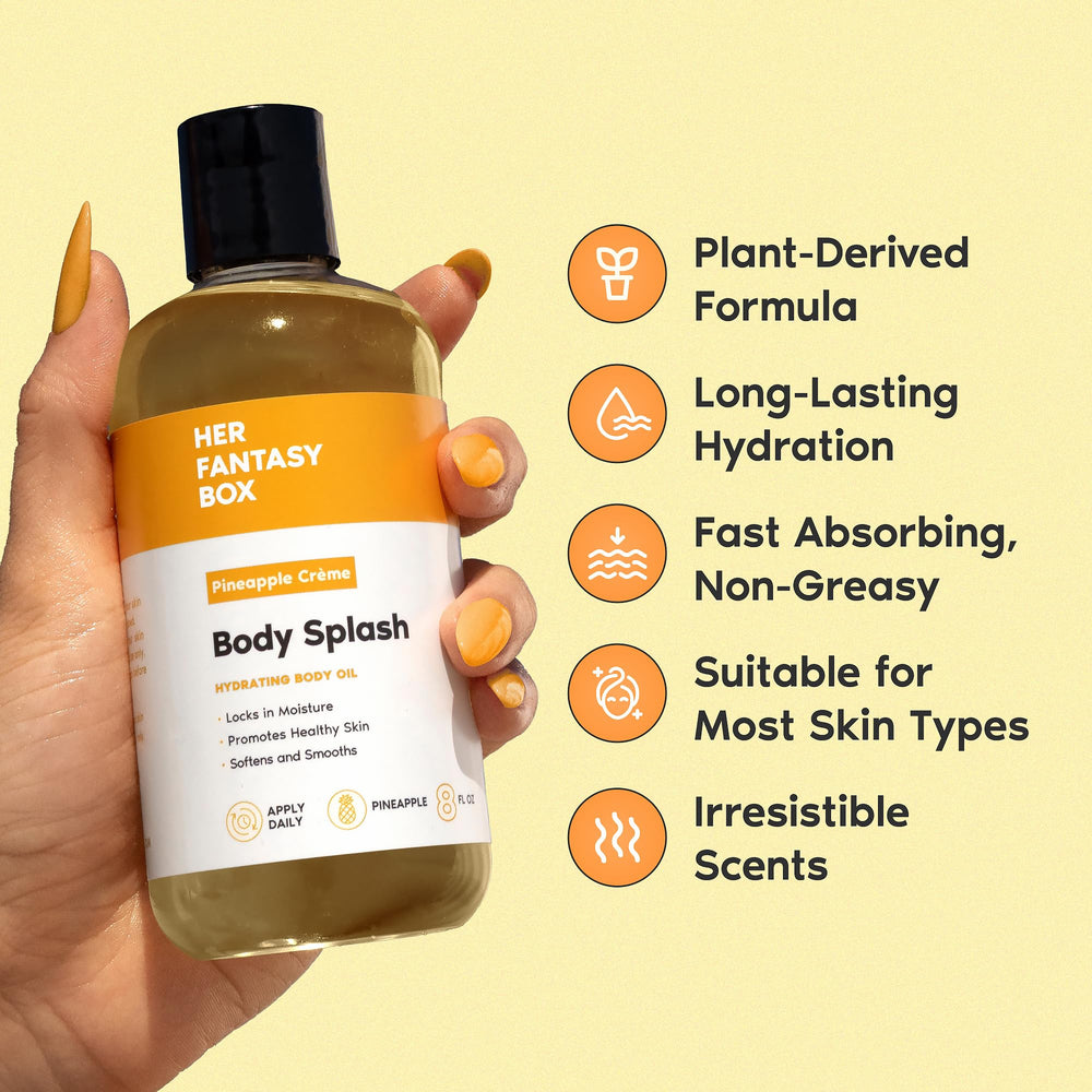 Her Fantasy Box body oil texture closeup showing smooth, fast-absorbing finish