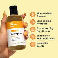 Her Fantasy Box body oil texture closeup showing smooth, fast-absorbing finish