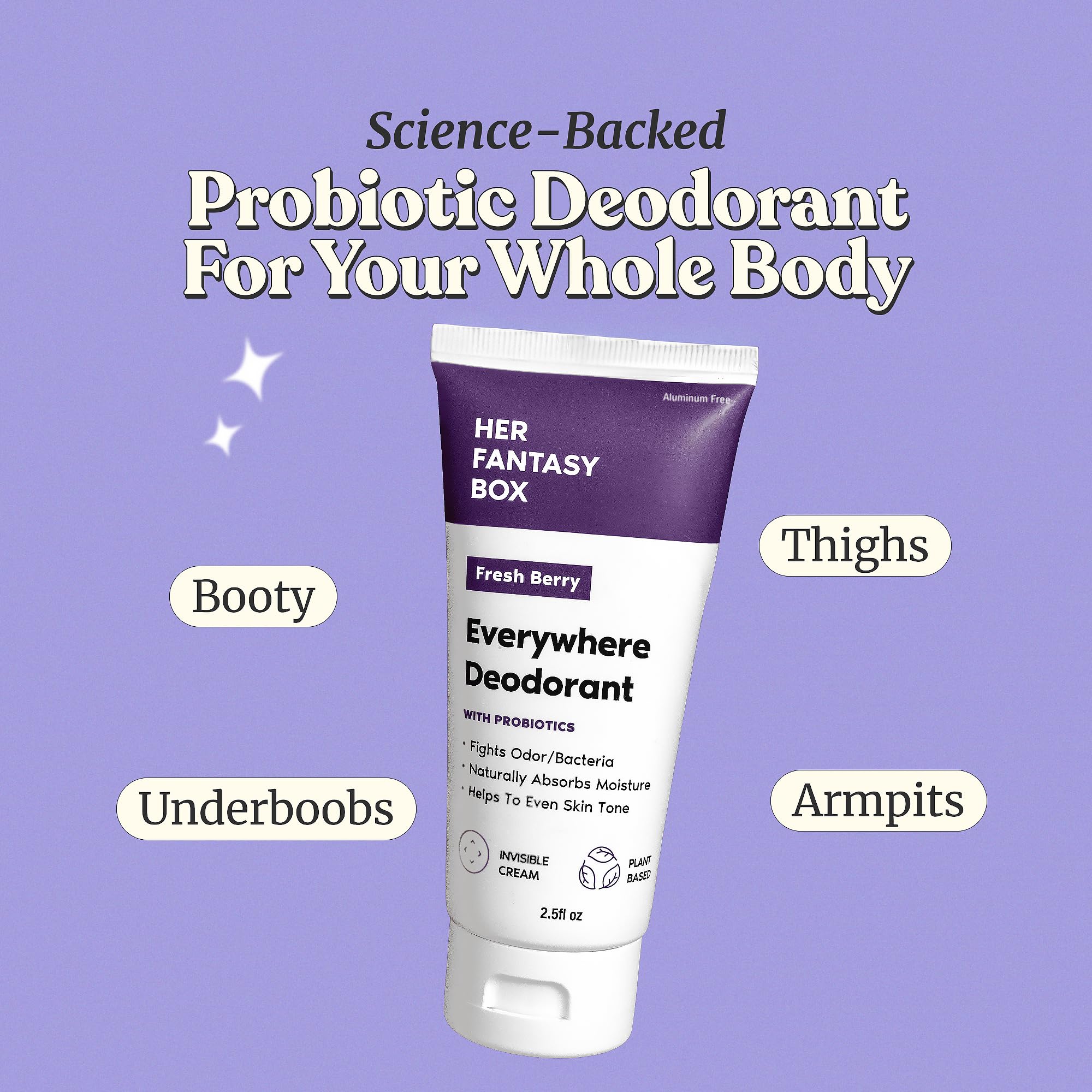 Her Fantasy Box Everywhere Deodorant berry-scent bottle closeup emphasizes natural formula and packaging