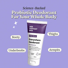 Her Fantasy Box Everywhere Deodorant berry-scent bottle closeup emphasizes natural formula and packaging