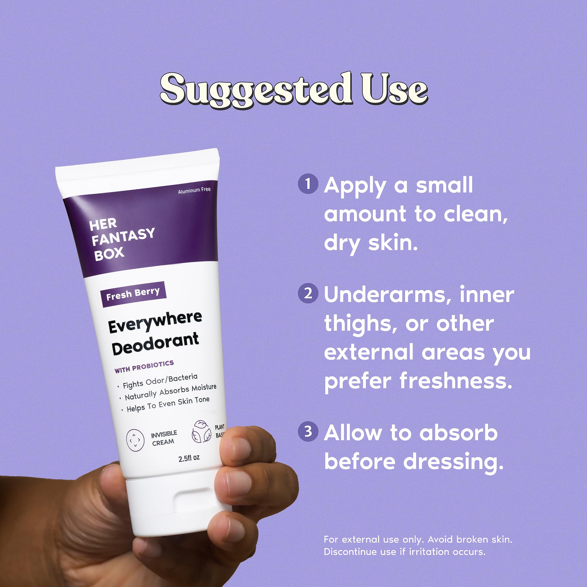 Her Fantasy Box Everywhere Deodorant berry-scent on underarm demonstrates quick-dry protection