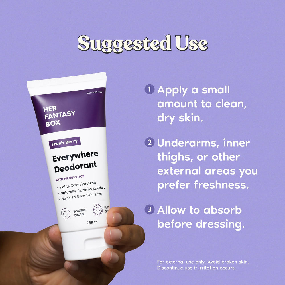 Her Fantasy Box Everywhere Deodorant berry-scent on underarm demonstrates quick-dry protection