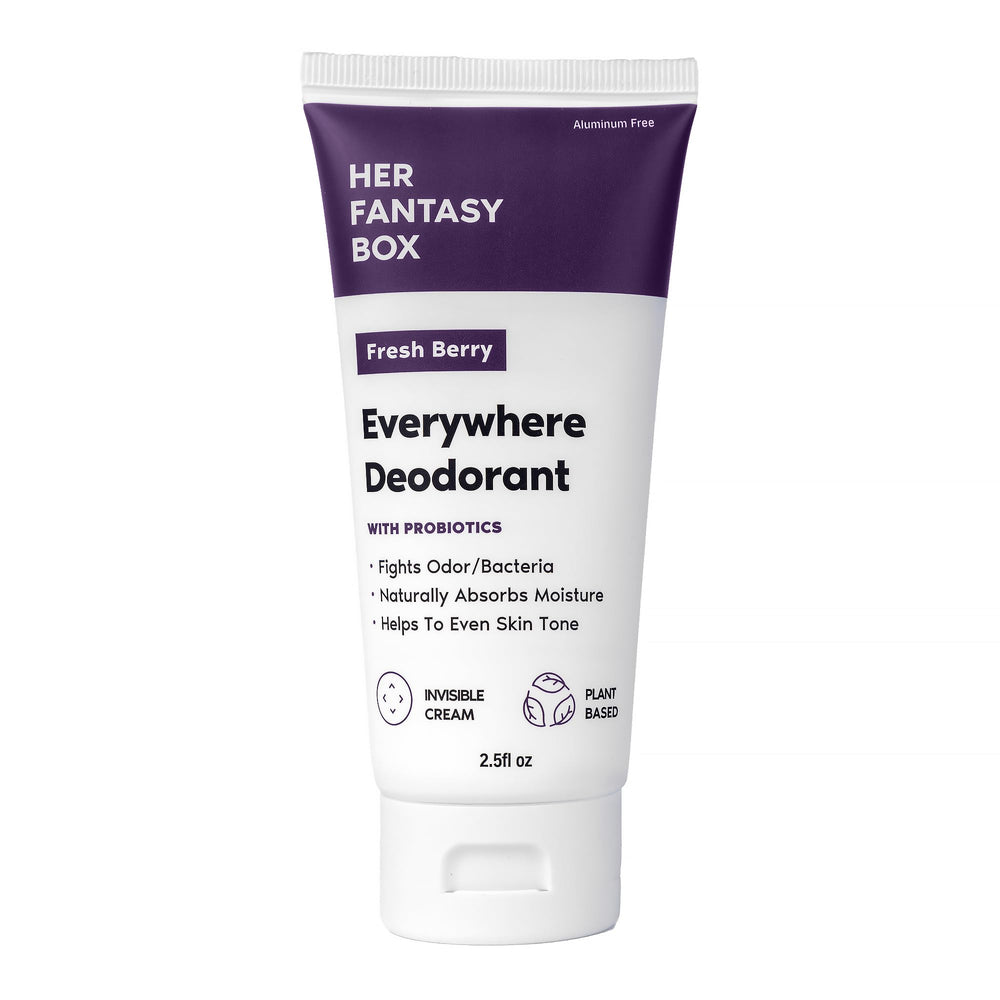 Her Fantasy Box Everywhere Deodorant packaging highlights berry scent and probiotic balance for natural odor control