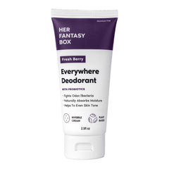 Her Fantasy Box Everywhere Deodorant packaging highlights berry scent and probiotic balance for natural odor control