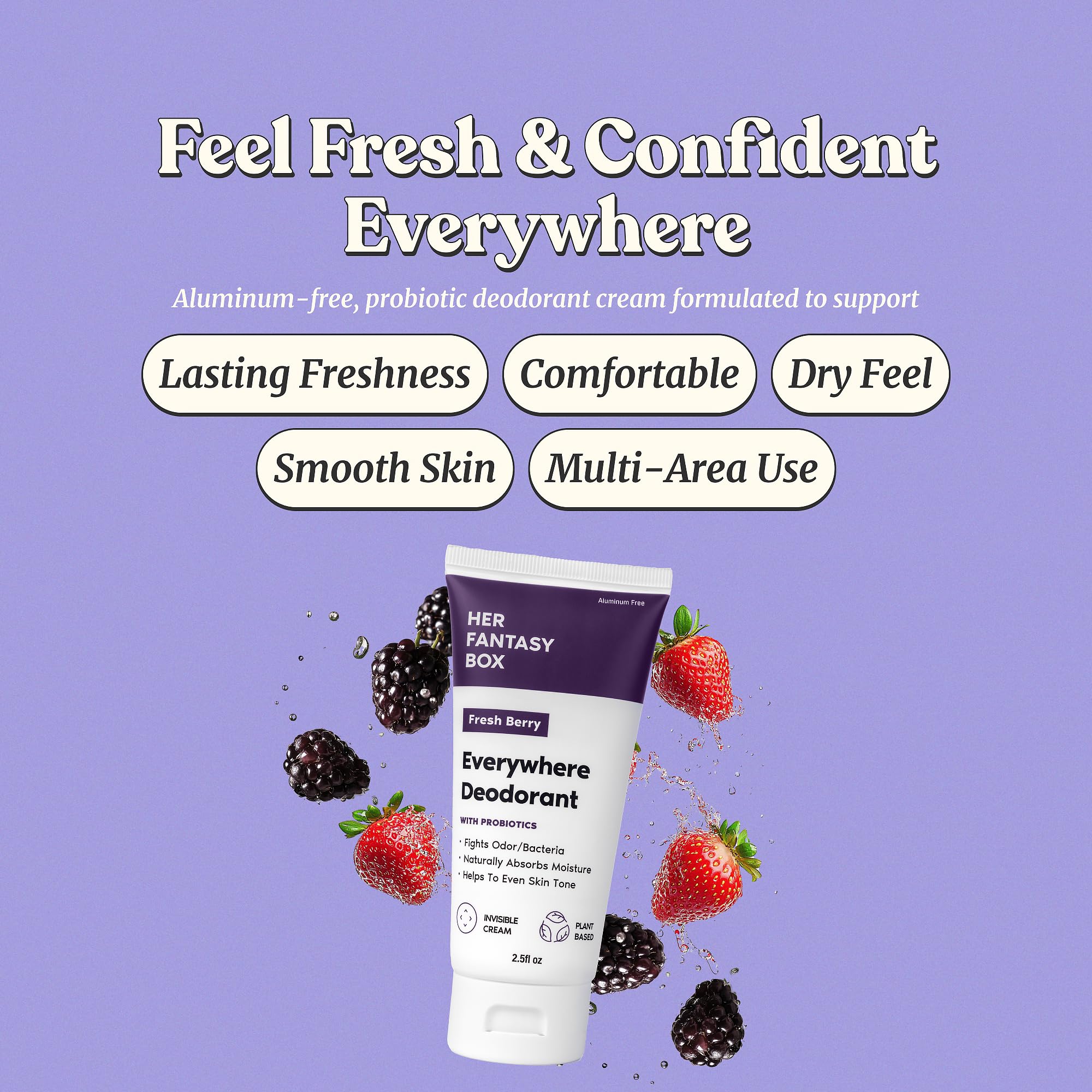Her Fantasy Box Everywhere Deodorant berry-scent tube application shows smooth glide and even coverage