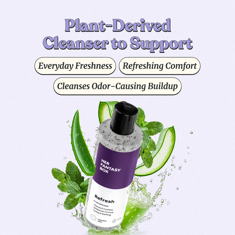 Her Fantasy Box Refresh lather closeup showing creamy foam for sensitive skin