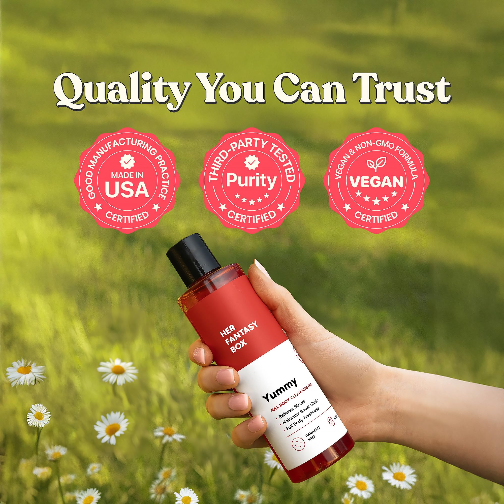Back label highlights all-natural ingredients and gentle cleansing properties of Yummy.