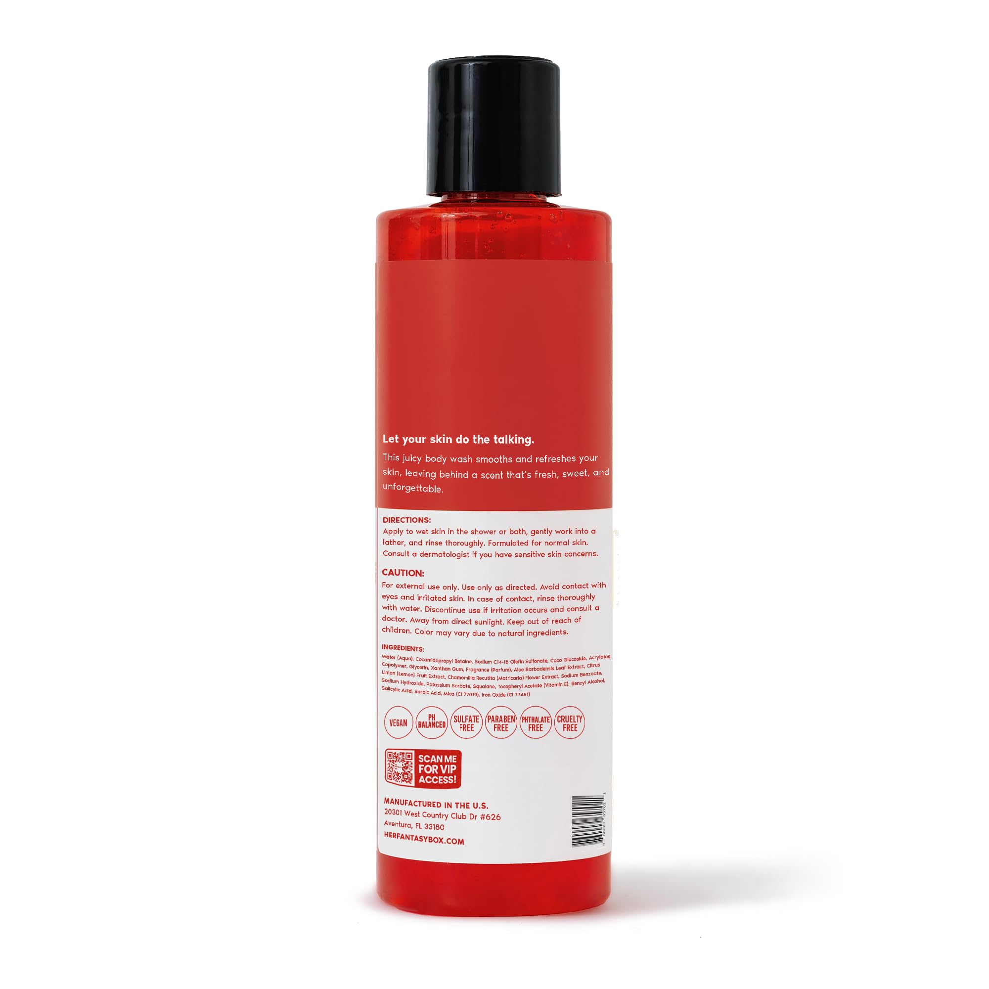 8 oz Yummy Body Wash bottle shown with bath accessories for everyday use.