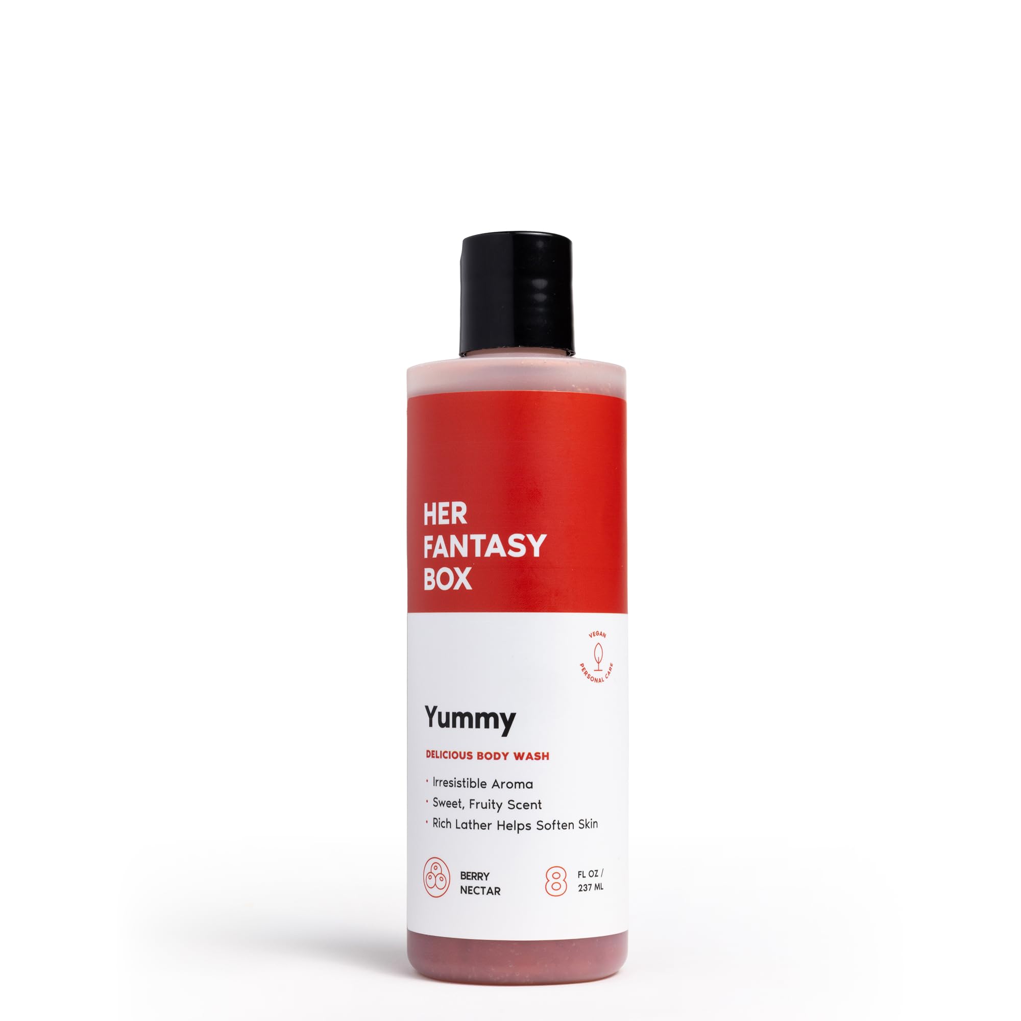 Her Fantasy Box Yummy Body Wash bottle-front view for indulgent cleansing and daily self-care.