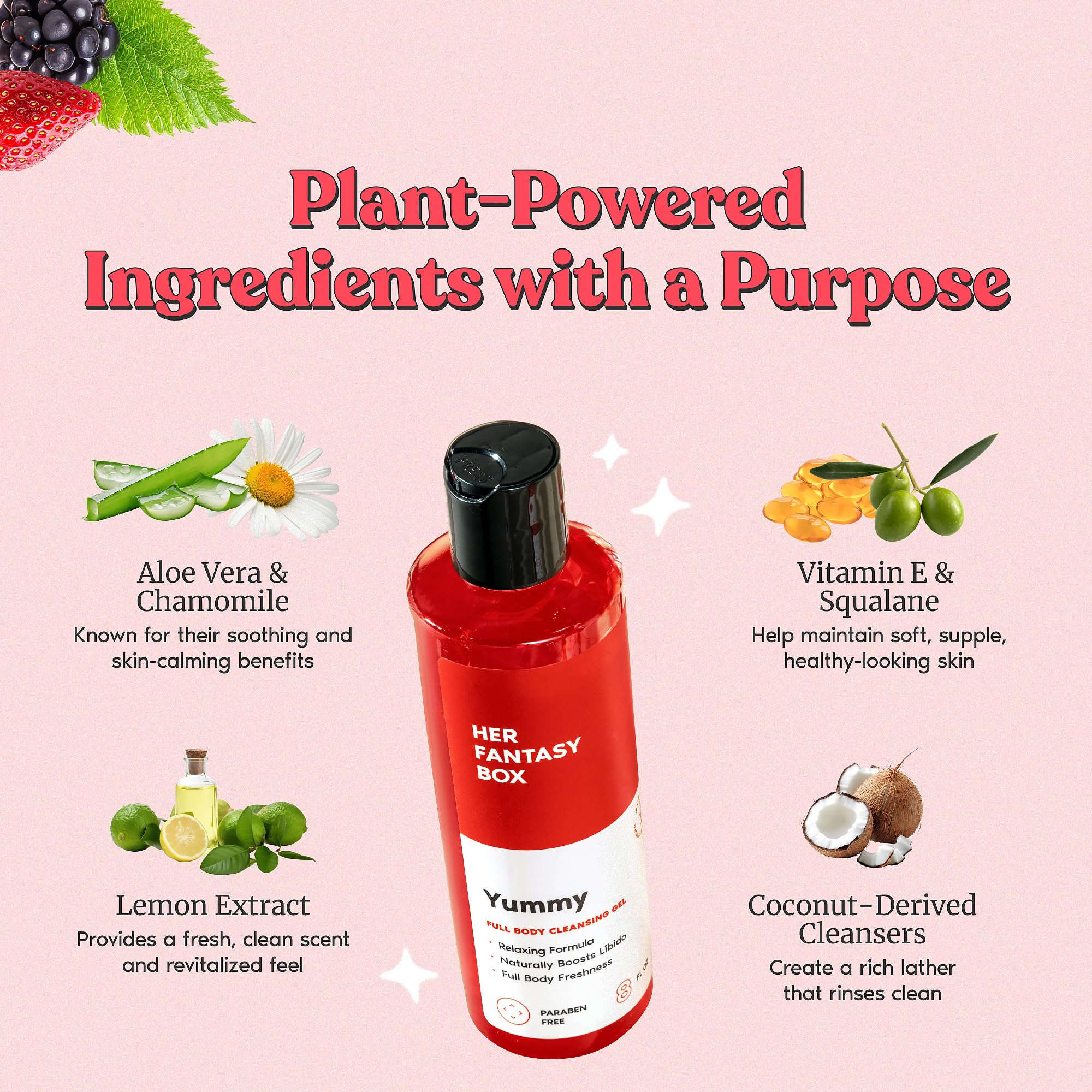 Pouring Yummy Body Wash illustrates easy, quick application for daily self-care.