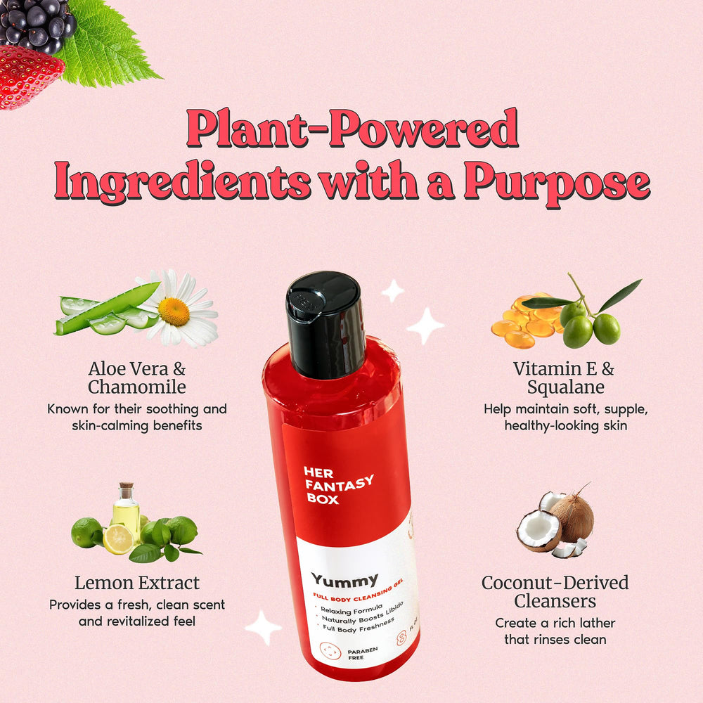 Pouring Yummy Body Wash illustrates easy, quick application for daily self-care.