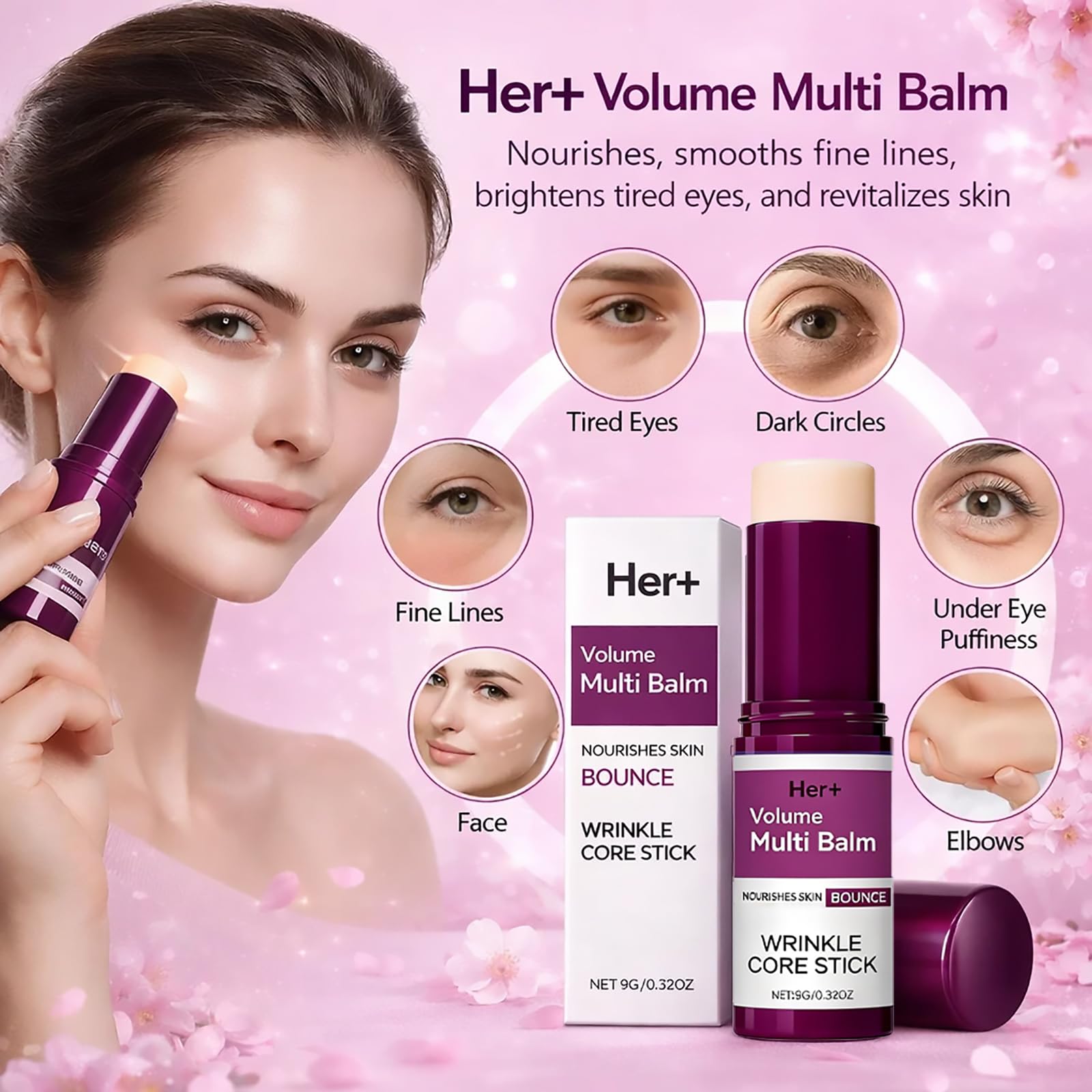 Application on cheek or under-eye area highlights firming and hydration benefits.