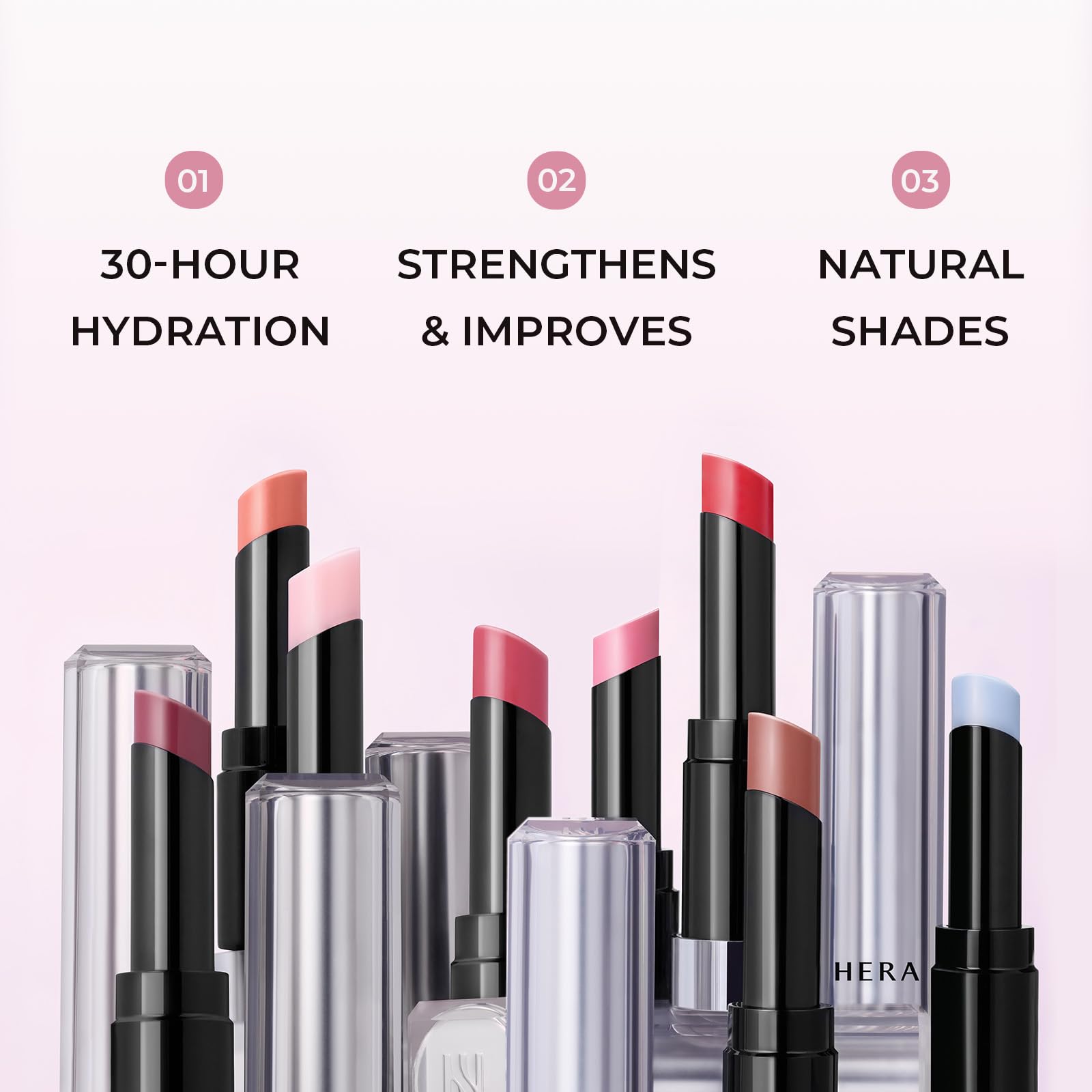 HERA lip swatch shows sheer buildable color and smooth glide.