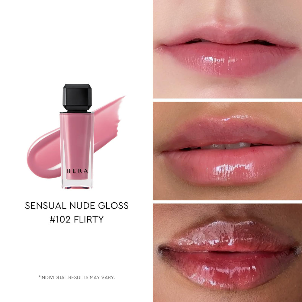 HERA Sensual Nude Gloss 102 Flirty bottle close-up shows smooth, non-sticky application.