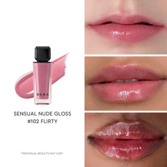 HERA Sensual Nude Gloss 102 Flirty bottle close-up shows smooth, non-sticky application.