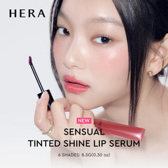 HERA Sensual Tinted Shine Lip Serum Sundaze close-up highlights a wet-gloss look.