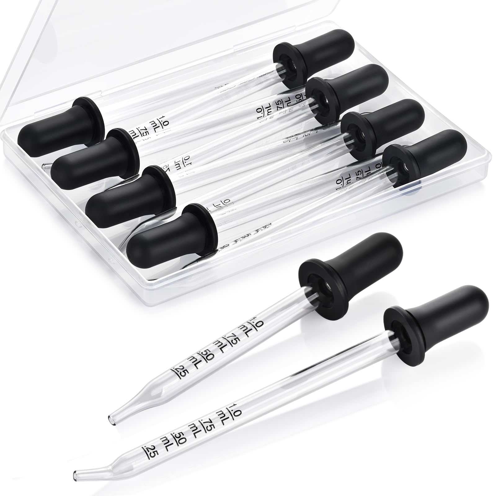 Herain 8-pack glass pipette with long bent tips for precise essential oil transfer.