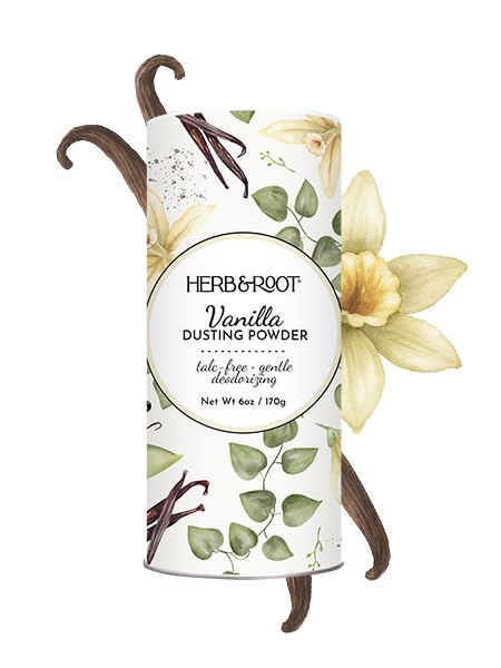 Herb & Root rose dust powder being applied to skin for gentle, talc-free freshness.
