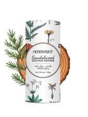 Herb & Root sandalwood dusting powder bottle for refreshing skin and odor control.