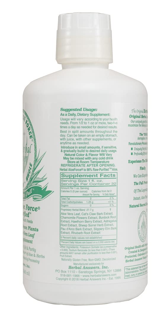 HERBAL ANSWERS Aloe Force bottle-pour demonstrates easy, flexible liquid daily supplement.