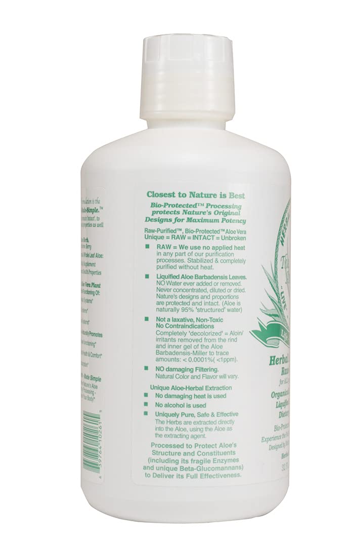HERBAL ANSWERS Aloe Force glass with drops illustrates adjustable daily dosing.