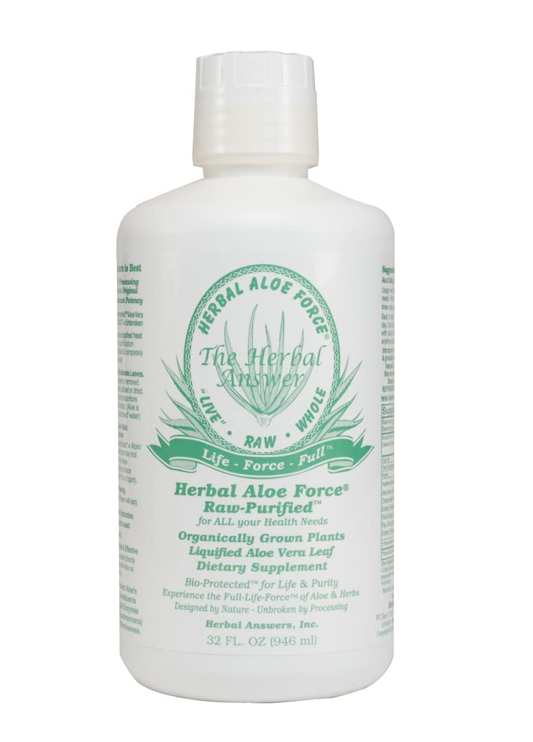 HERBAL ANSWERS Herbal Aloe Force bottle-front view showing pure aloe-based formula for daily use.