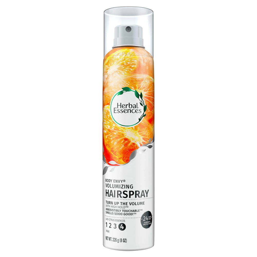 Herbal Essences Body Envy bottle closeup shows a color-safe formula for daily styling.