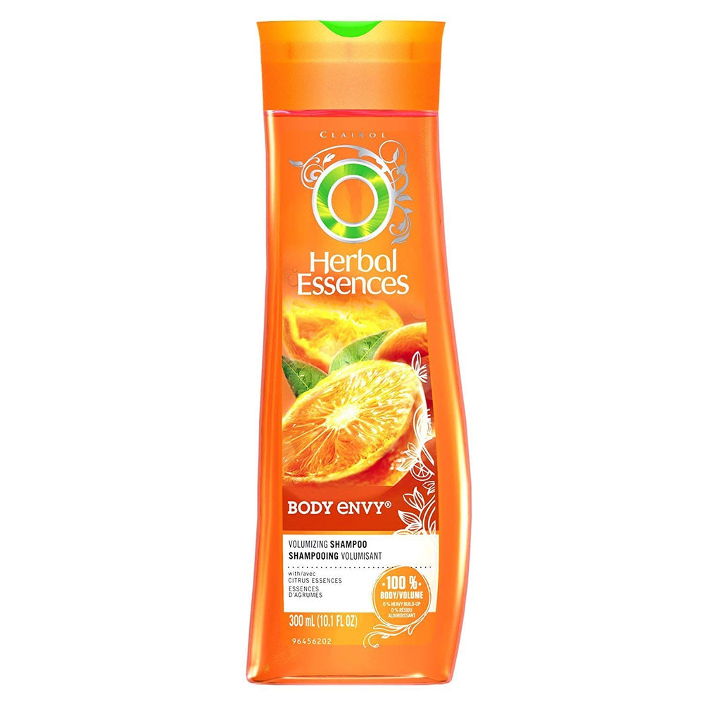 Herbal Essences Body Envy shampoo bottle close-up showing volumizing formula for fine hair
