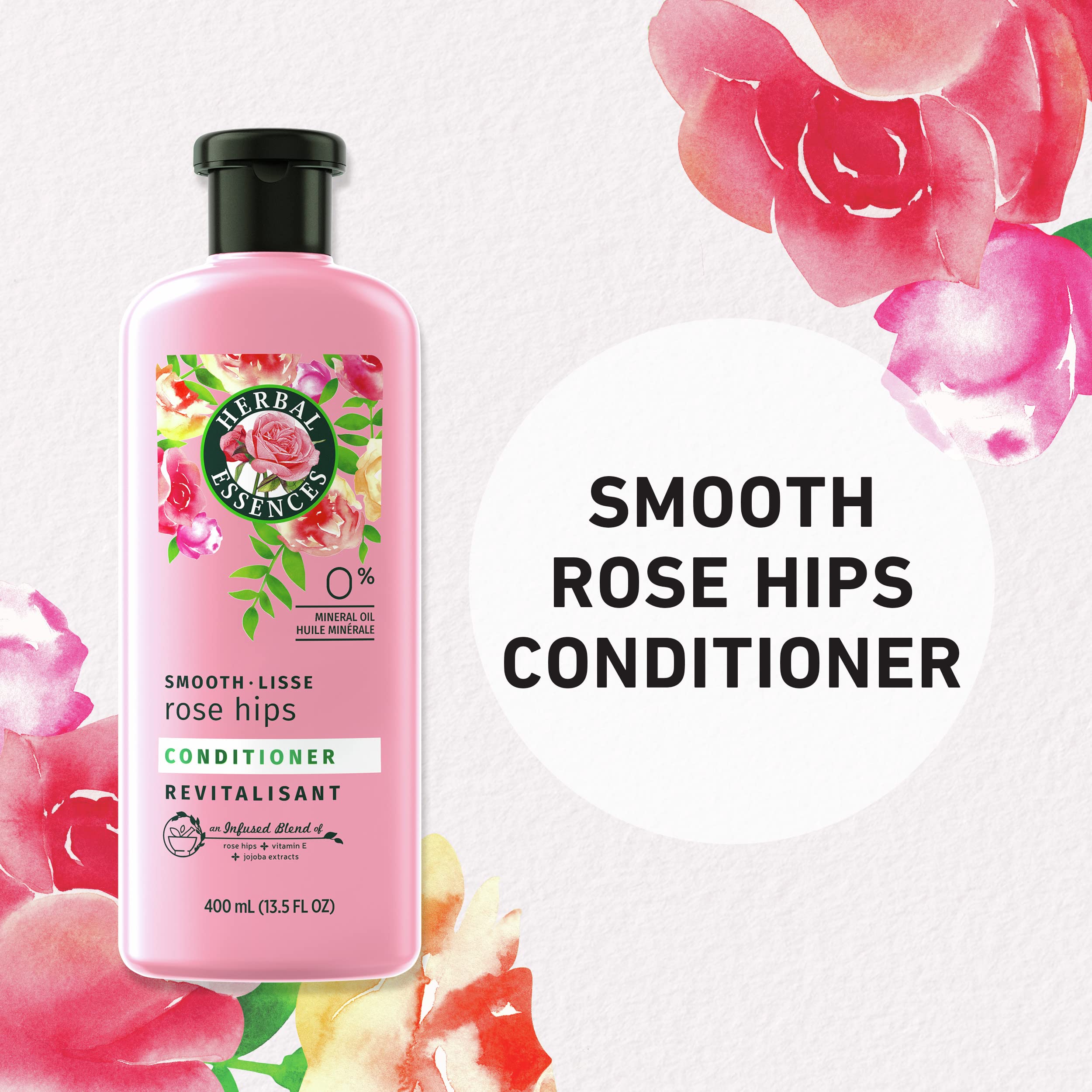 Infused blend of rose hips, vitamin E, and jojoba nourishes strands.