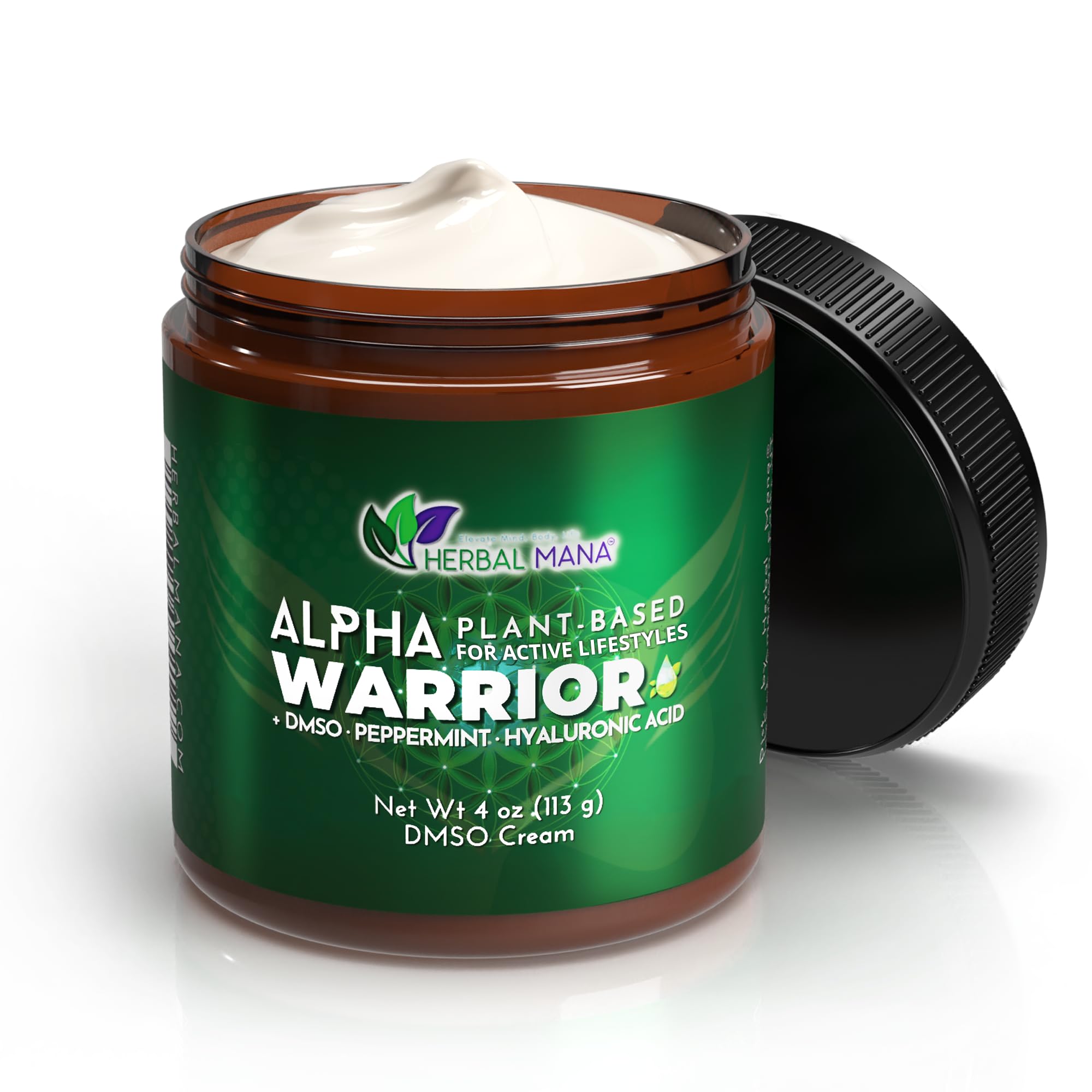 Herbal Mana Alpha Warrior cream packaging shows a compact tub for fast absorption.