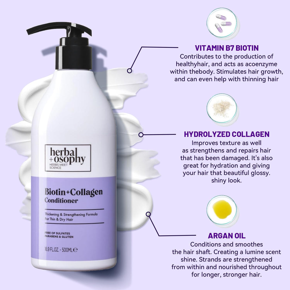Herbalosophy Biotin & Collagen conditioner bottle for smoother strands