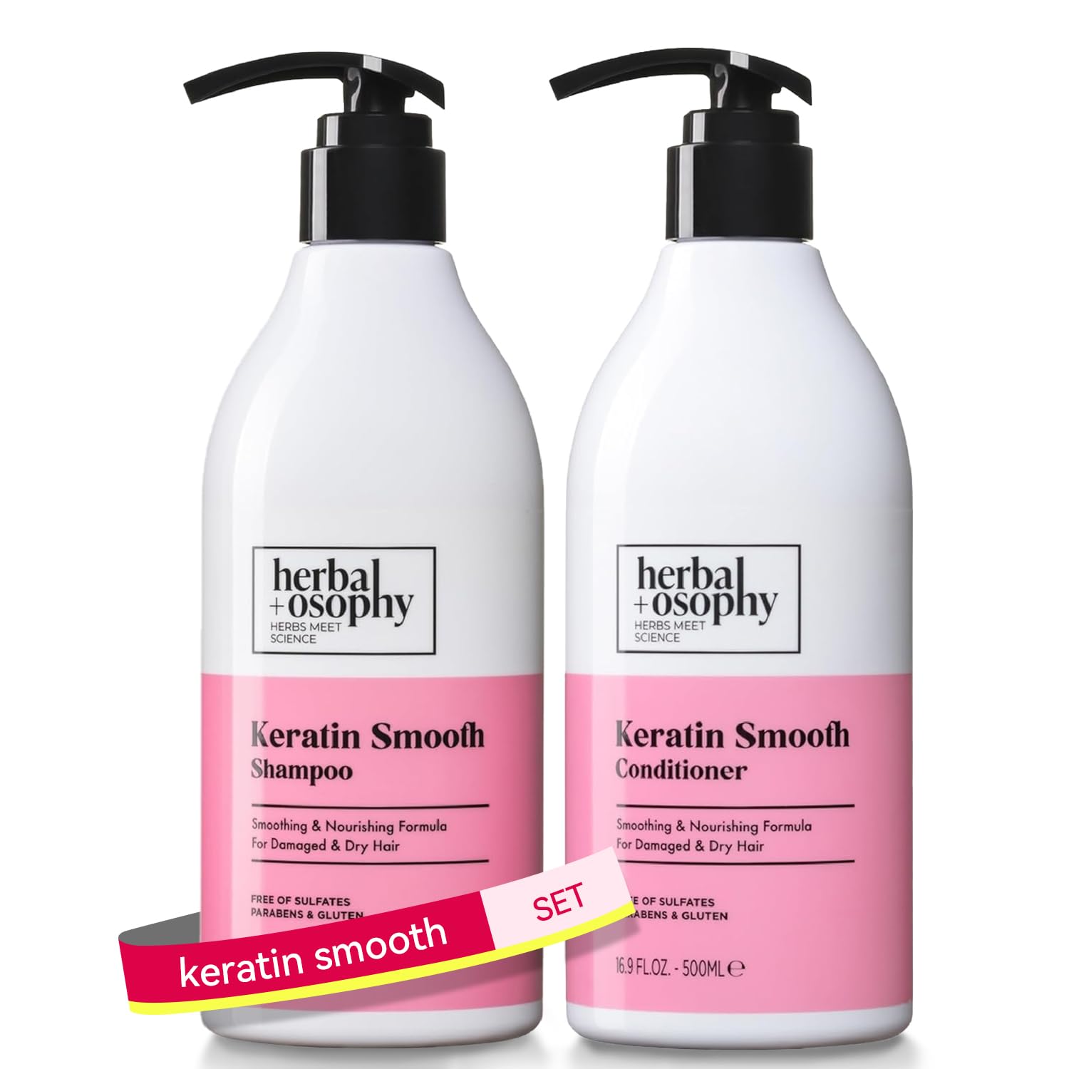 Herbalosophy keratin shampoo bottle nourishes damaged hair.