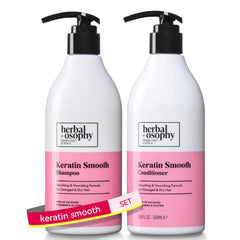 Herbalosophy keratin shampoo bottle nourishes damaged hair.