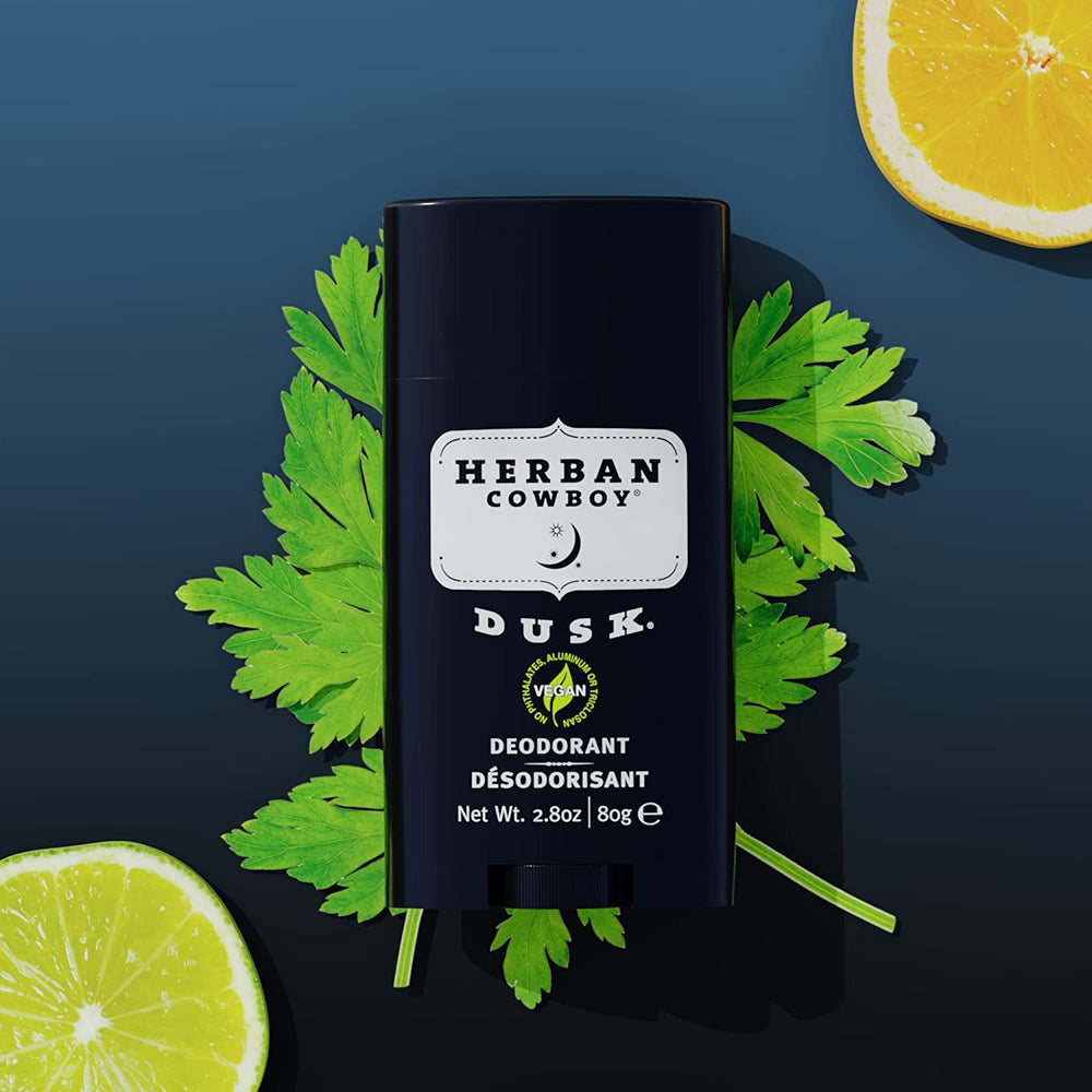 Packaging detail of Herban Cowboy DUSK deodorant for easy recognition.