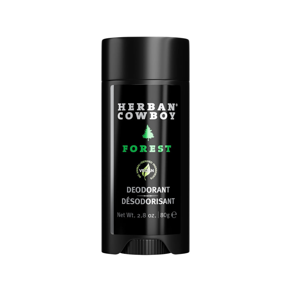 Herban Cowboy Forest Aloe Infused Deodorant bottle highlights forest-inspired freshness for daily wear.