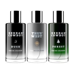 Herban Cowboy men's cologne trio bottle with cinnamon note for everyday wear.