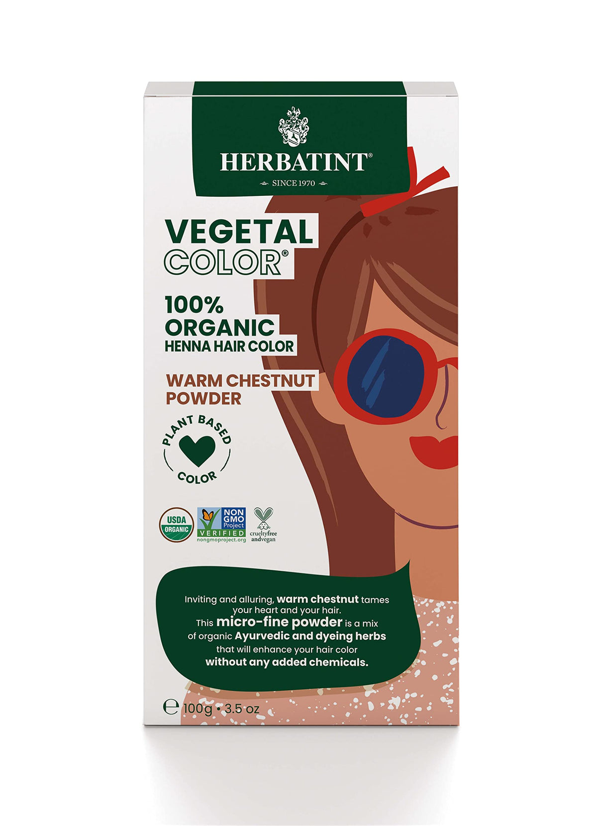 Herbatint Henna Color Warm Chestnut packaging shown with eco-friendly recyclable materials.