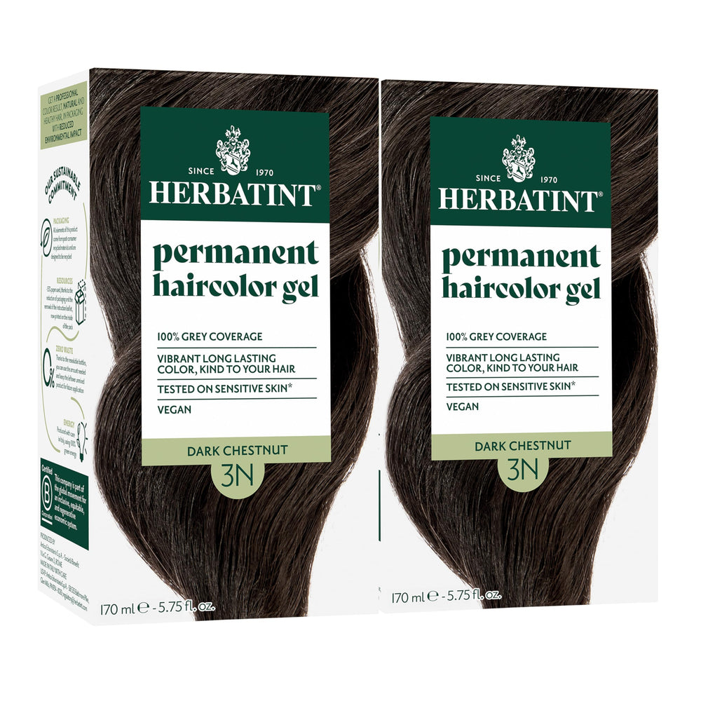 Herbatint permanent hair dye in 3N dark chestnut bottle demonstrates rich, even gray coverage.